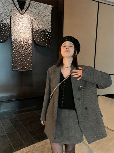 Bộ Đồ Vest Len 45% Dáng Chữ a Cạp Cao Váy Ngắn Áo Khoác Ngoài Bộ Ba Mảnh Thời Trang Cho Nữ