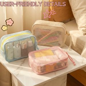 Square Portable Mesh Cosmetic Storage Bag with Zipper Stylish Lightweight Multi-Purpose Sundries Storage Bag