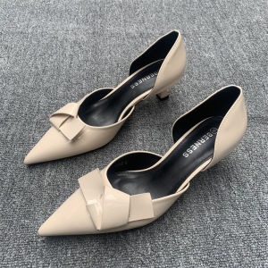 Pure Color French Style Mid-High Heel Sandals with Butterfly Knot and Pointed Toe New Scene Brand for Youth Age 18-40