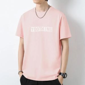 Banxi Blue Heavyweight Pure Cotton Short Sleeve T-Shirt Men Summer English Print Long Staple Cotton Half Sleeve Letter Print round Neck Top