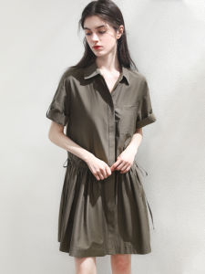 Miccbeirn | Silk Cotton Shirt Dress 19 Momme Sweet Small Drawstring Waist Casual Workwear Style Midi Skirt Single Button Closure Polo Collar