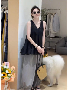 YUEZHONGWEI | Loose Fit French Style V-Neck Midi Tank Top Women Summer Outerwear Sleeveless Vest Casual Comfortable Breathable Pure Color