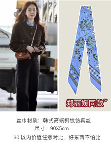 Jung Ryeo-Won Same Style Airport Wear Tie Neck Blue Bench Small Silk Scarf Female 2024 New Arrival Easiest for Match Narrow Ribbon
