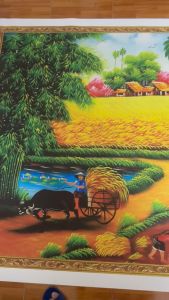 Tranh decal dán tường 3D phong cảnh đầm sen đồng lúa đồng quê đẹp (Keo sẵn bóc dán)