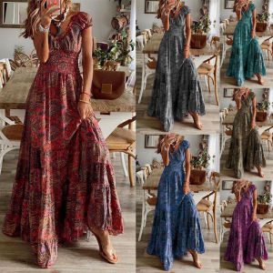 FALLEG Boho Long Dress Vintage Floral Print Chiffon Three Quarter Sleeve V-neck Summer Gypsy Hippie Women Dresses Vestidos