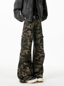 American High Street Camouflage Work Pants Mens Trendy Hip Hop Loose Flared Casual Floor-Length Trousers Straight Leg