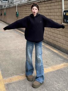 กางเกงยีนส์ทรงหลวมเอวต่ำทรงขาบานสไตล์ย้อนยุคสไตล์อเมริกันสำหรับผู้หญิง กางเกงขายาวทรงหลวมไม่เกาะตัว ความยาวปกติ