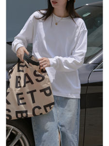 ผู้หญิง Pure ผ้าฝ้าย สีขาว เสื้อยืดแขนยาว ฤดูใบไม้ผลิ Layering หลวม Fit Basic Crewneck Thread Pattern ความยาวปานกลาง ลำลอง เสื้อท่อนบน