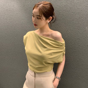 Chic Summer French Asymmetrical Shoulder Design Loose Solid Color Overhead Short Sleeve T-Shirt Womens Trendy Commute Style