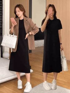 Loose T-Shirt Dress Korean Style High Waist Long Skirt Black Color Blocking Inner Wear Summer Autumn Womens Fashion Clothing