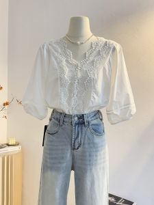 WANGGONGZHU | French Style V-Neck Ruffle Patchwork Short Sleeve Hollow Out Bubble Sleeve Shirt Women Summer New Loose Fit Breathable Casual Top