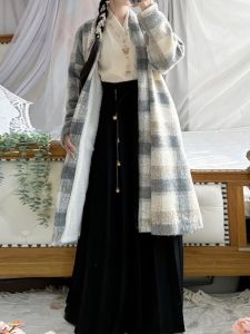 Hualosie Daily Thickened Fleece Lined Woolen Checkered Skirt And Blouse Set Medium Length Hanfu Womens Fashion Autumn Wear