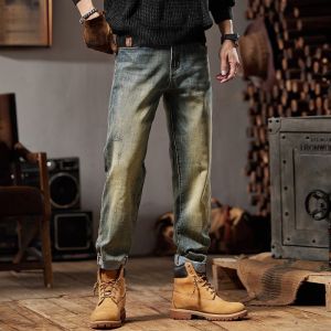 ROMON | Romon Fleece Lined Thick Mens Jeans Autumn Winter Loose Straight Leg Retro Casual Long Trousers Warm Cotton Polyester Blend