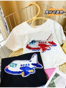 Aircraft Sequin Color-Changing Short-Sleeved T-shirt Boys Pure Cotton Summer Kids Double-Sided Sequin Flip Raglan Sleeve Top Clothes