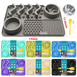 Slow Feeder Mat for Pets - Non-Toxic Silicone (Turquoise) Upgraded Anxiety and Boredom Relief Tool with Aluminum Bowl17x11x2 in