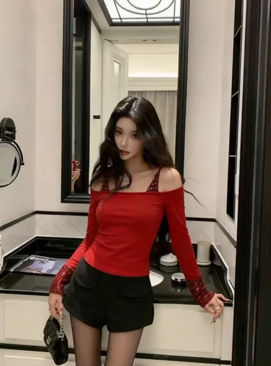 Miko พร้อมส่ง ️👠เสื้อปาดไหล่แขนยาวผู้หญิง ชุดสองชิ้นติดกันพร้อมลาย ...