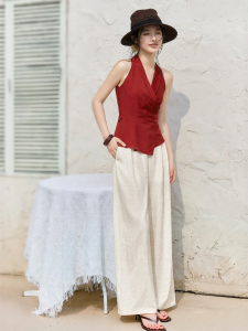 MOHANYIMEI | Bohemian Linen Off-shoulder Waist-tie Loose Trousers Suit