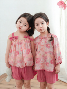 YOEHYAUL | Floral Printed Childrens Chinese Style Clothing Set
