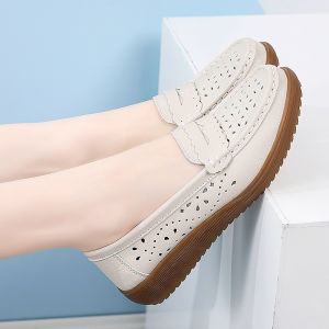 SHIPAILUO | รองเท้าผู้หญิงแบบสวมสบาย พื้นนิ่ม ดีไซน์ฤดูใบไม้ผลิและฤดูใบไม้ร่วง รองเท้าส้นเตี้ยแบบโปร่ง หนังนิ่ม รองเท้าผู้หญิงวัยกลางคน