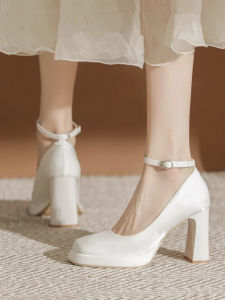 Hong Kong White High Heels Womens Autumn Chunky Heel Small Mary Jane Satin Surface Square Toe Bridal Wedding Shoes Wedding Dress Flats