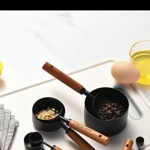 1/4/8pcs Stainless Steel Measuring Spoons With Scale Wooden Handle Household Kitchen Dining Bar Baking Tools Measuring Cups