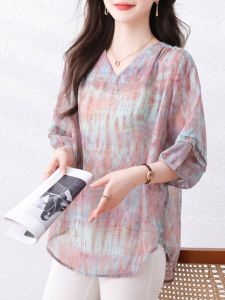 September Stray Ink Colorful V-Neck Printed 5/7 Sleeve Womens Shirt Summer New Casual Loose Top Sweet Style Loose Fit