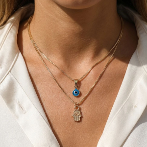 Minimalist Double Layered Evil Eye Hamsa Hand Necklace for Women Turkish Blue Eye Pendant Choker Party Aesthetic Amulet Jewelry
