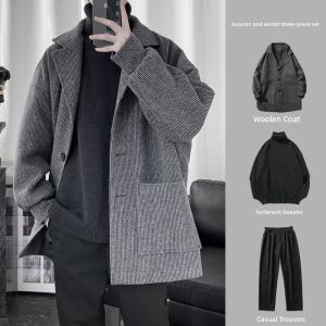 เสื้อโค้ทผ้าวูลแบบใหม่ฤดูใบไม้ร่วงและฤดูหนาว2021เสื้อโค้ทผ้าวูลสไตล์ฮ่องกงหล่อเท่ INS อินเทรนด์แนวเกาหลีสำหรับผู้ชายเซ็ตเสื้อผ้าผู้ชาย