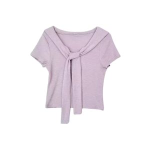 YUEZHONGWEI | Purple Short Sleeve T-Shirt Womens Summer 2025 New Design Slim Fit Strap Design Commute Style V-neck Short Length Top