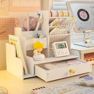 Desk Organizer DIY Desk Organizer with Drawer - Multi-Functional Pen Holder Easy Assembly Office Art Supplies Storage