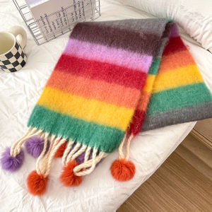 Matching Iceland Dopamine Rainbow Stripes Mohair Scarf Autumn and Winter Thick Warm Fox Fur Ball Scarf for Women