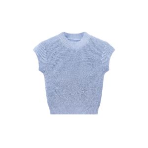 YUEZHONGWEI | Áo thun nữ tay ngắn dệt kim màu xanh rỗng mùa hè phong cách thường ngày cổ tròn dáng ôm vừa vặn chất liệu cotton