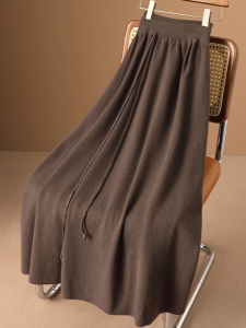 Wool Knitted Fake Two-Piece A-Line Midi Skirt Womens Autumn Winter New Style Vintage High Waist Skirt with Butterfly Knot