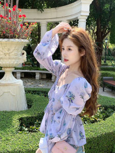 YUFUQING | French Vintage V-neck Floral Long Sleeve Slim Fit Waist T-shirt Bubble Sleeve Top High Waist Design Casual Comfortable Polyester Fiber