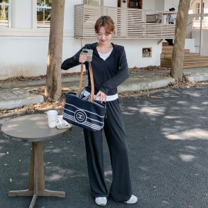 Deep Grey Korean Style Hoodie Set Womens Autumn New Wide Leg Pants Two Piece Set Fashionable Casual Outfit High Waist Trousers