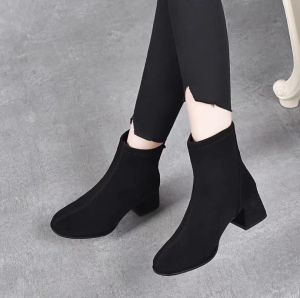 Matte Leather Short Boots Chunky round Toe Versatile Comfortable Velvet Slim Boots Medium Heel Spring Autumn Women Single Boots