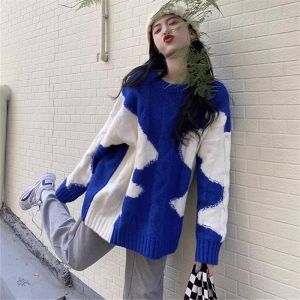 WANGGONGZHU | Princess Wang Knitted Sweater Womens Loose Overhead Long Sleeve Autumn Winter Outerwear Twist Color Block Comfortable Style