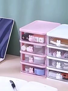 ForestM กล่องเก็บของกระต่ายการ์ตูน  แบบใส หลายชั้น วางซ้อนกันได้ ลิ้นชัก ชั้นแบน กล่องเก็บของ โต๊ะลิ้นชักเล็กโปร่งใสกล่องเครื่องเขียนโต๊ะพลาสติกกล่องเก็บของห้องนอนมินิ