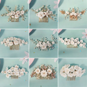 Elegant สีขาว Polymer Clay ดอกไม้ผู้หญิงหวีผมแฟชั่นคริสตัลเพิร์ล Hairpins เจ้าสาวงานแต่งงาน Headpieces เครื่องประดับ