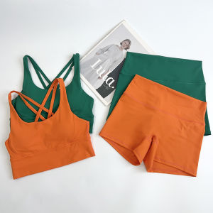 2 ชิ้นกีฬาโยคะกางเกงขาสั้นชุดเสื้อผ้าโยคะผู้หญิงข้ามกลับ Bra เอวสูงกางเกงขาสั้นชุดออกกําลังกายวิ่งออกกําลังกาย ...