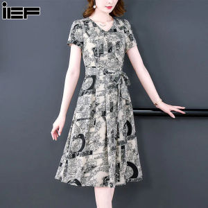 IEF ชุดเดรสคอวีแขนสั้นย้อนยุคฤดูร้อนใหม่กระโปรง Midi ขนาดใหญ่ผู้หญิง