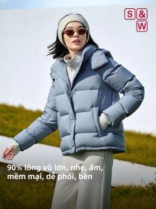 S&W | Áo Khoác Nữ Mùa Đông Dày Hooded Ôm Eo Trắng Sáng