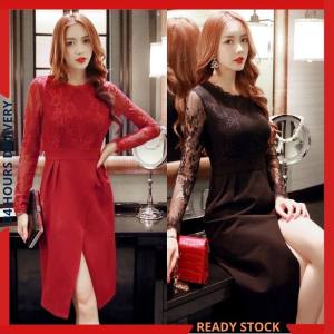 CFBOUTIQUE Korean Style Trendy Women Fashion Elegant Lace Slit Long Sleeve Ladies Dinner Midi Dress