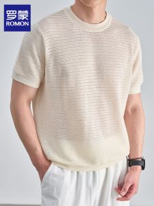 ROMON | Breatheable Lace Knit Short Sleeve T-Shirt Round Collar