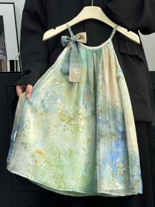 Original Summer Floral Print Girls Dress Korean Style Mesh Skirt Childrens Fashion Princess Dress for Ages 5-15 Kids Clothing