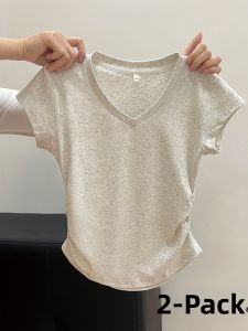 Miiow | Gray Short Sleeve Womens T-shirt Pure Cotton Waist-Cut Bottoming Shirt Korean Style Summer Breathable V-neck Catman T-shirt