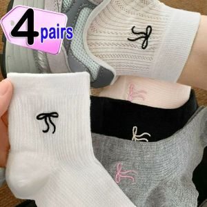 4 cặp ren Tất có đính nơ cho nữ Phụ nữ mỏng mùa hè lưới thoáng khí giữa vớ ống Nhật Bản phong cách Đại Học Ngọt Ngào JK Lolita SOX