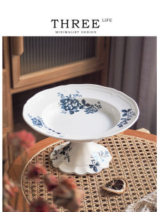 Tlife Province Ceramic High Footed Plate Gold Trimmed Floral Dessert Fruit Tray for Living Room Japanese Style Luxury Daily Use