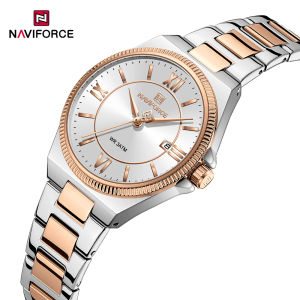 NAVIFORCE Original Womens Business Watch Stainless Steel Strap 30m Waterproof Quartz Calendar Movement Round Case Womens Casual Fashion Watches NF5073