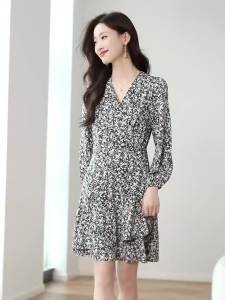 AMMIN 2024 Autumn new French V-neck sweet irregular flanged hem long sleeve mid-length elegant chiffon floral print dress